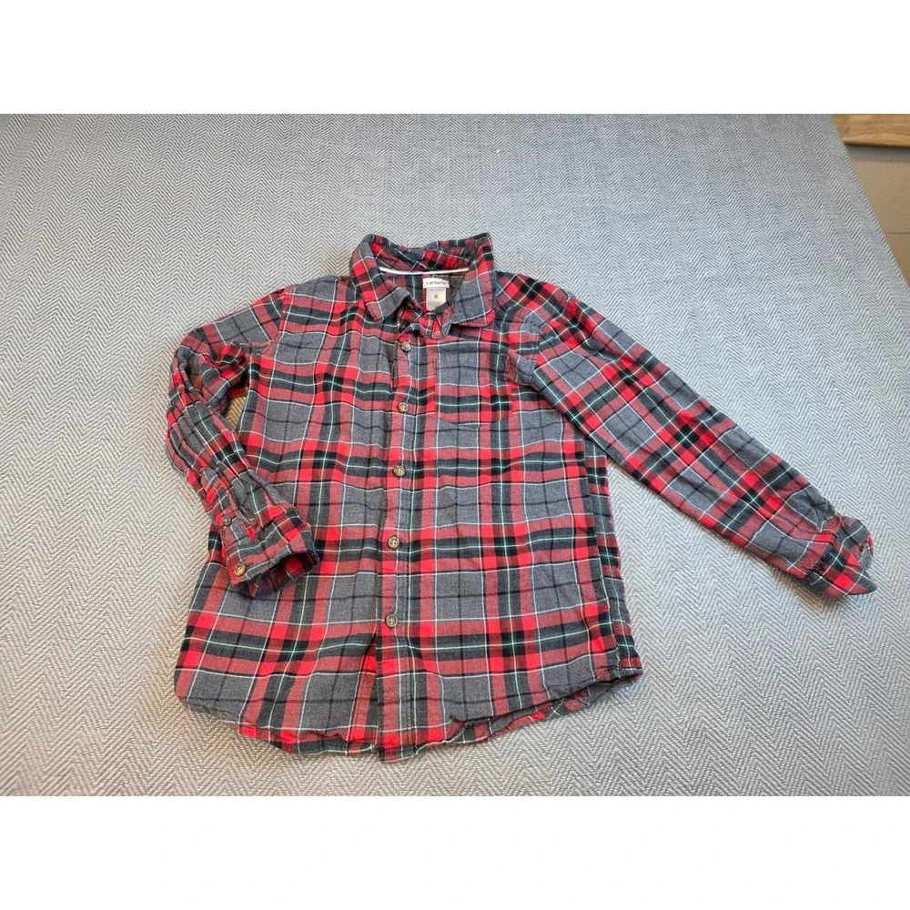 Carters Boys Red Grey Plaid Flannel Button Down Shirt Size 8 3J216610